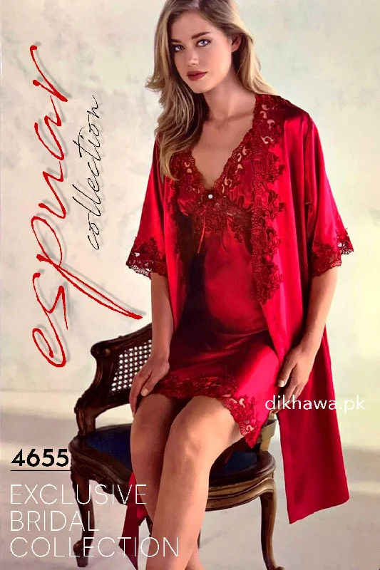 Espuar - Exclusive Bridal Wedding Honeymoon 2Pc Short Nighty Set Maroon 4655 - Turkish Brand