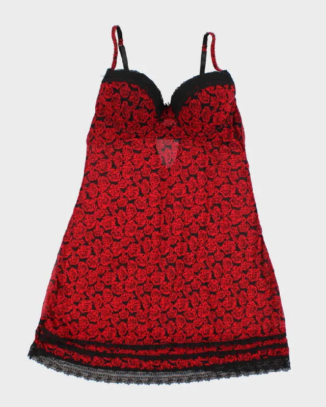 Y2k 00s Floral Red & Black Lingerie Slip - L