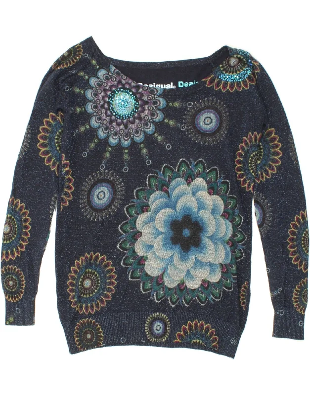 DESIGUAL Womens Graphic Boat Neck Jumper Sweater UK 14 Medium Navy Blue