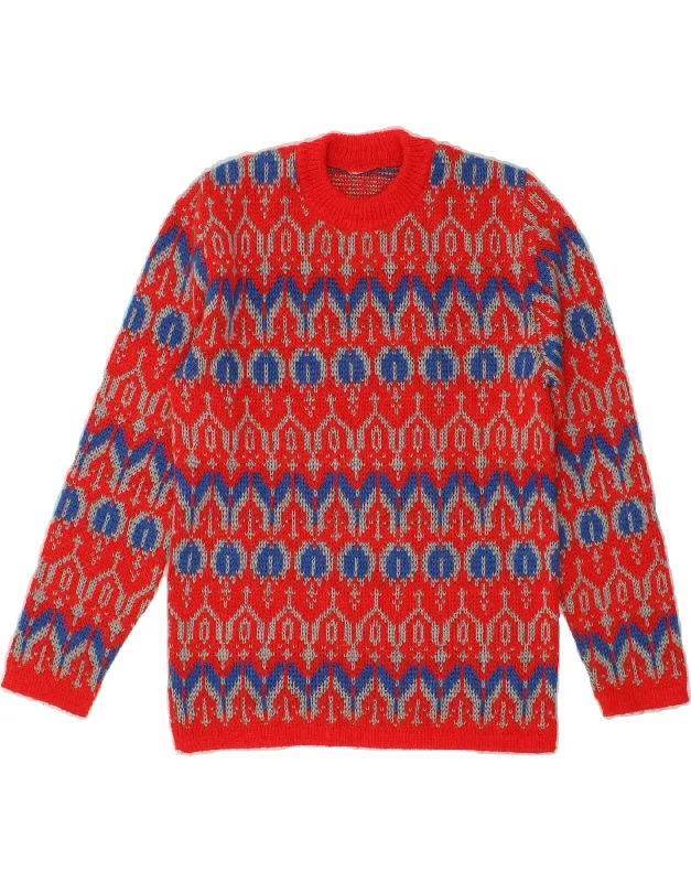 VINTAGE Womens Longline Crew Neck Jumper Sweater UK 10 Small Red Fair Isle