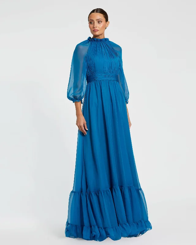 Chiffon Ruched Illusion Raglan Sleeve Ruffled Gown