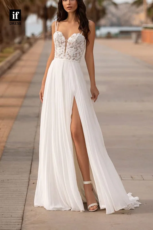 71221 - A-Line Straps Deep V-Neck Top Lace Neach Wedding Dress with Slit