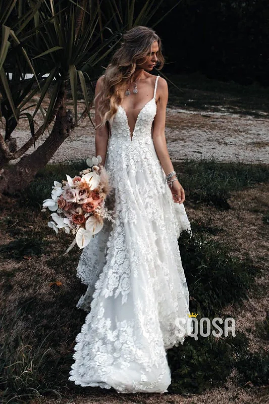 Sexy V-neck Exquisite Lace Bohemian Wedding Dress QW2433