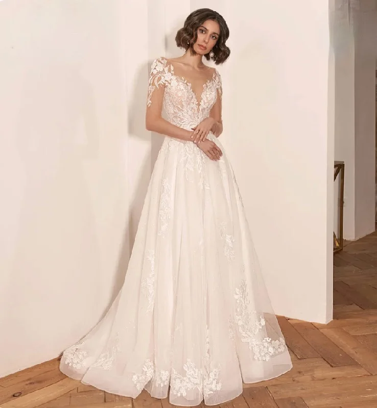 Illusion Long Sleeve Vintage Wedding Dress Luxury A Line Bridal Gown