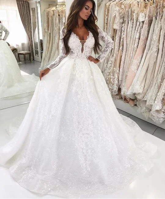 long sleeve lace appliqué wedding dresses for women 2020 beaded v neck boho wedding gowns