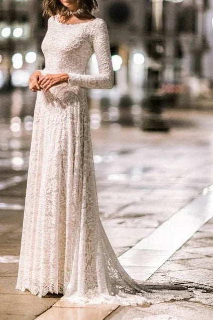 Scoop Long Sleeves A-Line Lace Wedding Dress