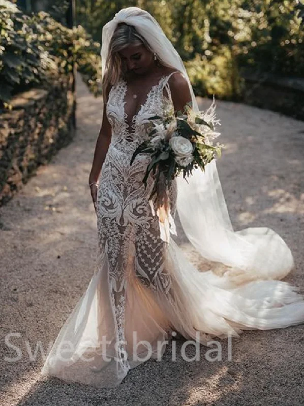 Sexy V-neck Spaghetti straps Mermaid Lace appique Wedding Dresses, DB0232