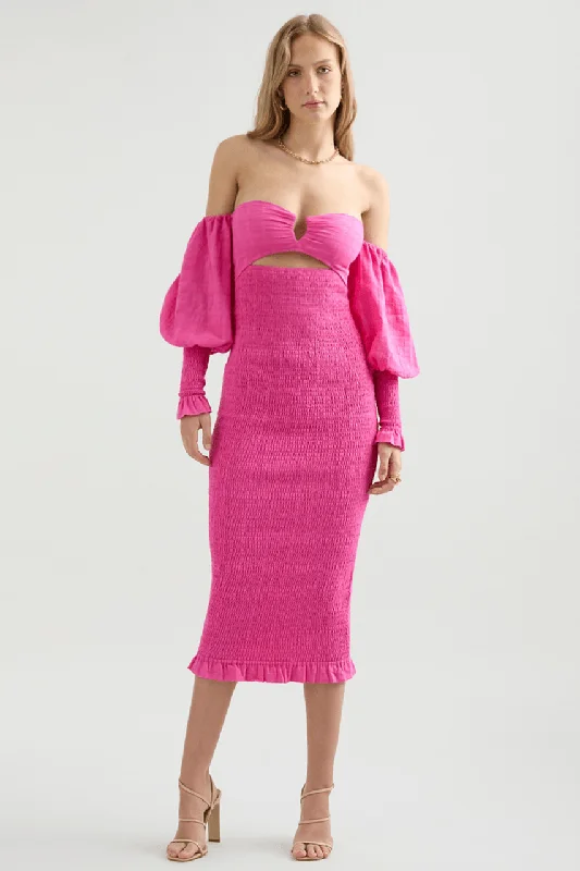 Lucia Shirred Midi Dress - Pink