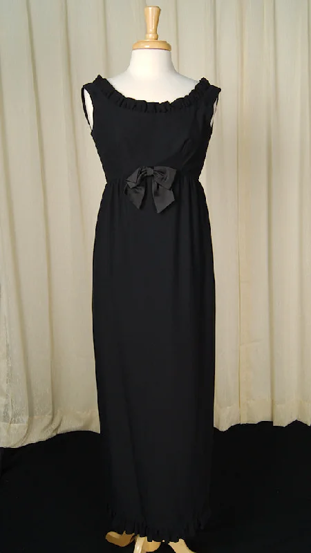 1960s Vintage Black Ruffle Maxi Dress