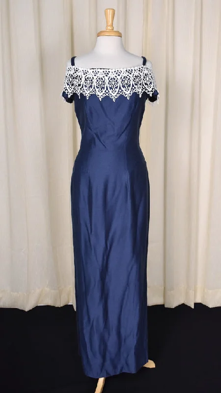 1990s Navy & Lace Vintage  Maxi Dress