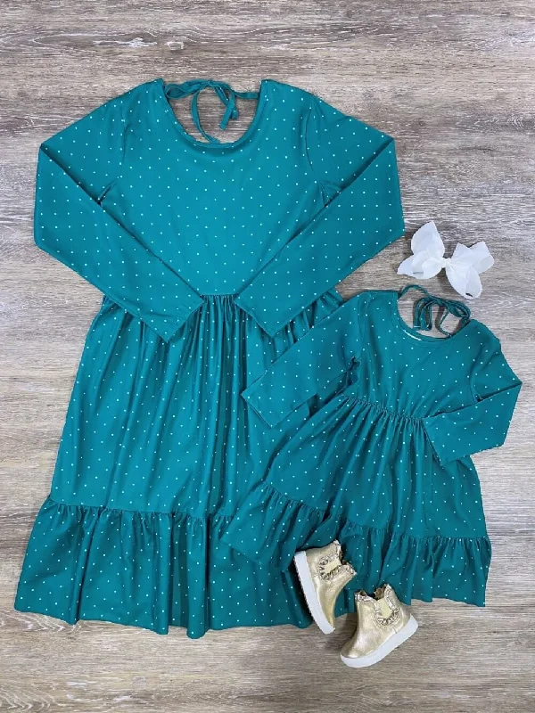 Mommy & Me - Green Swiss Dot Long Sleeve Matching Dress