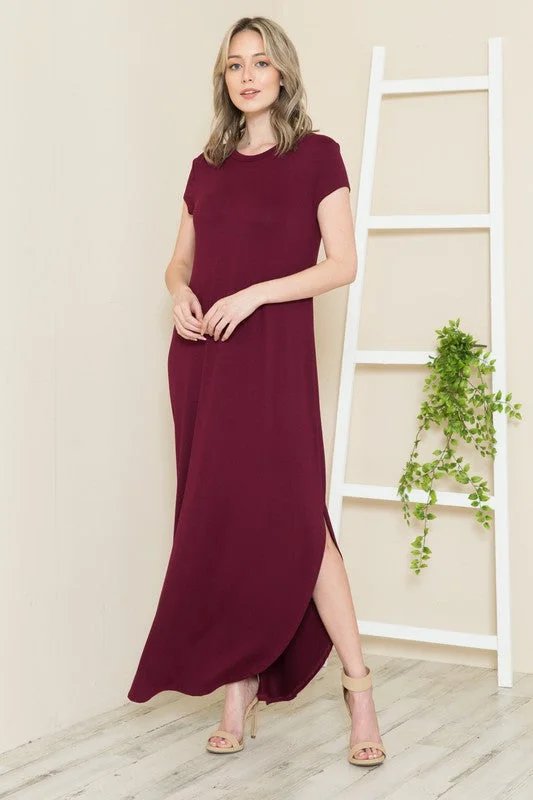 Solid Short Sleeve Maxi Dress with Side Slit