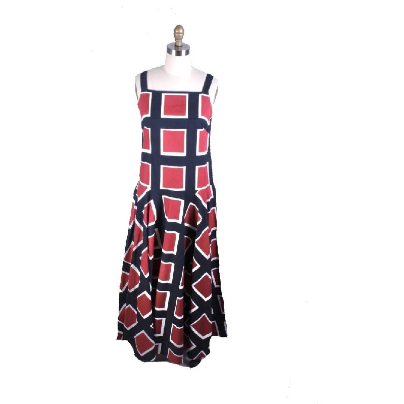 Vintage 1971 Marimekko Jumper Maxi Sleeveless Full Skirt Maxi Dress Cotton 38/10 Blue Red