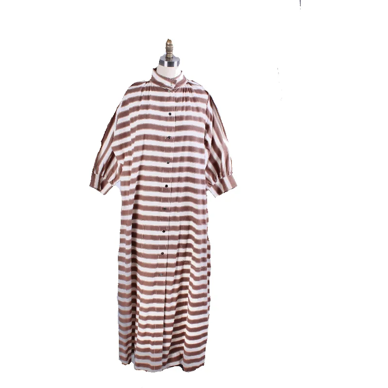 1970s Vuokko Maxi Dress Snap Front Horizontal Stripe Cotton  Mocha Brown 1970s M