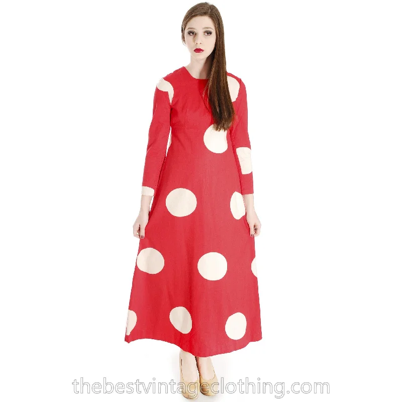 Vtg 1970s Kaisu Heikkilä Maxi Dress Vuokko Designer Fabric Red Polka Dot Maxi