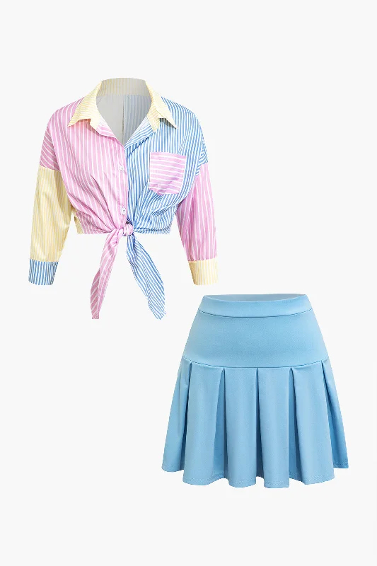 Stripe Print Tie Front Shirt And Pleated Mini Skirt Set