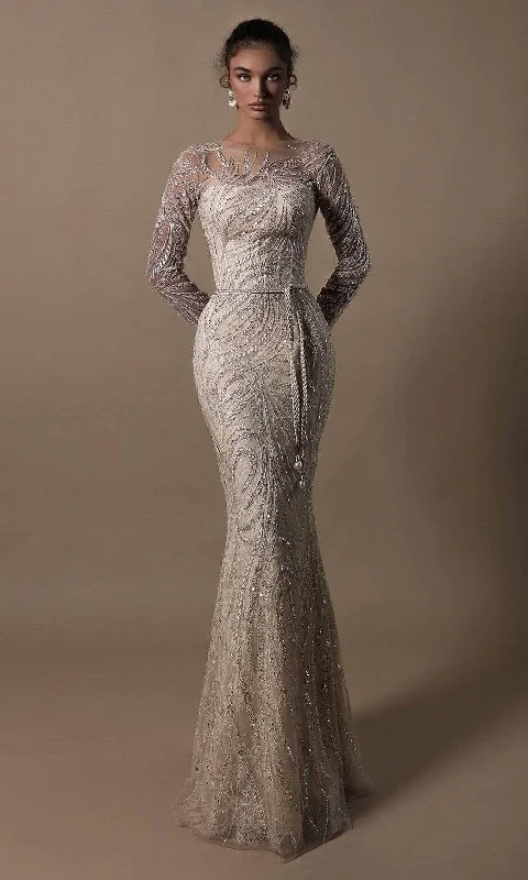 Tarik Ediz - Beaded Bateau Neck Evening Dress 96013