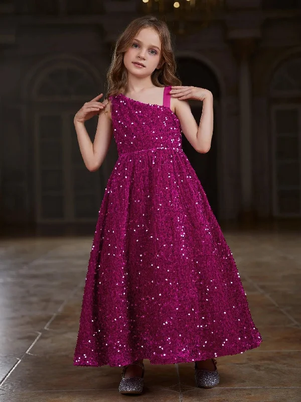 Tween Girls' Asymmetrical Neckline Sleeveless Sequin Party Dress