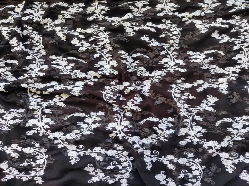 Black White Flowers Chikankari Embroidered Georgette Fabric