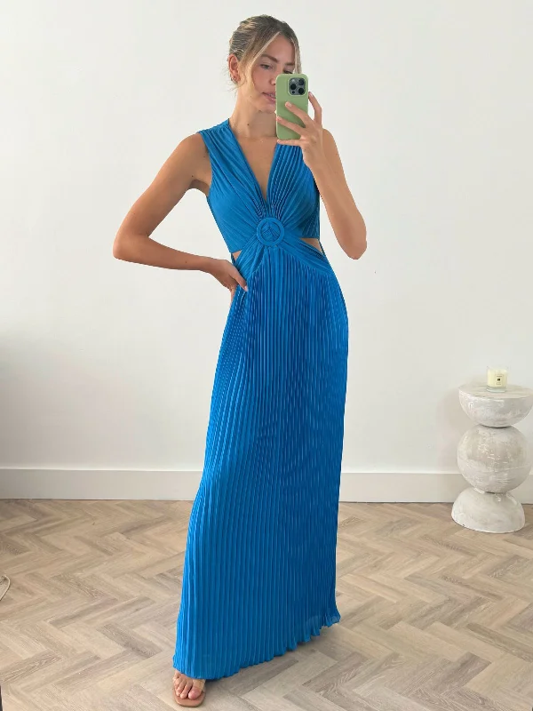 Alma Cut Out Pleated Dress in Blue