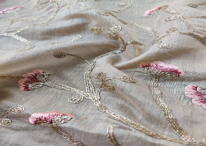 Beige Peach Golden Flowers Embroidered Chanderi Fabric