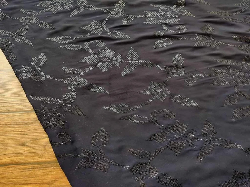 Black Flowers Thread & Zari Work Embroidered Faux Georgette Fabric