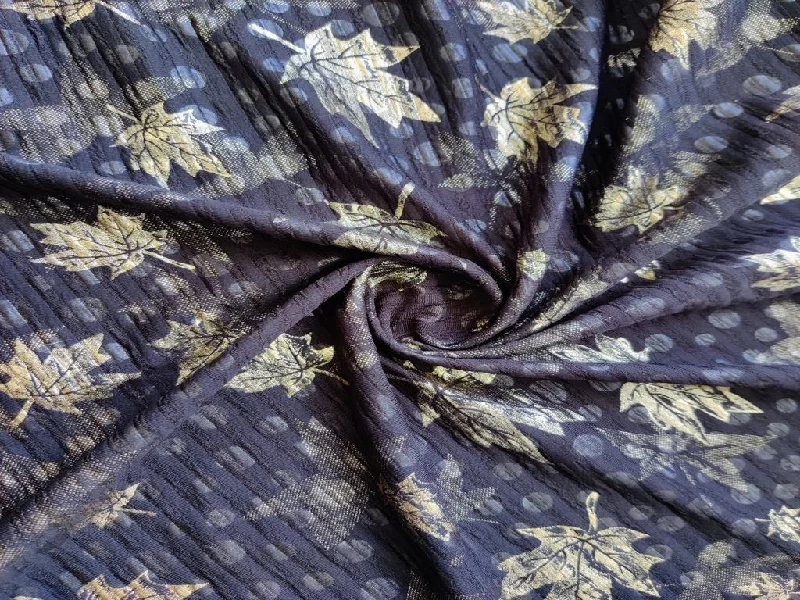 Black & Golden Foil Leaves Jersey Knit Fabric