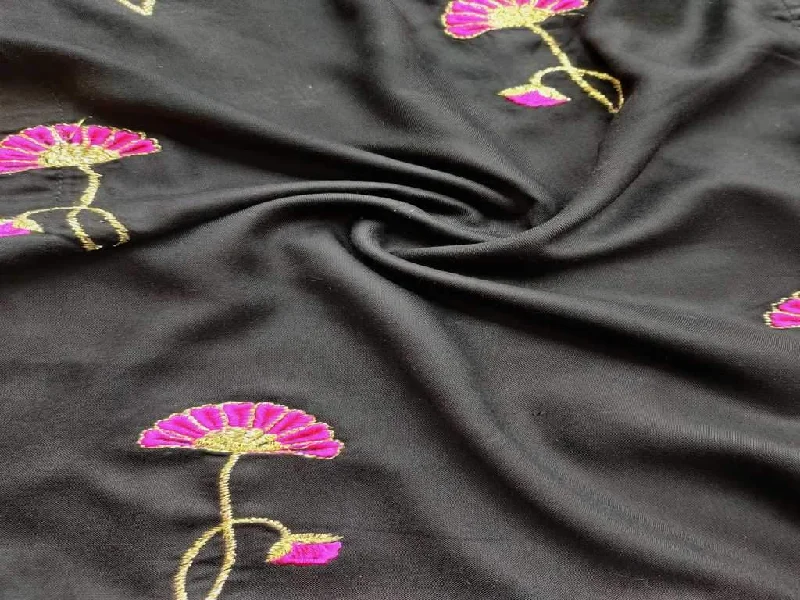 Black Pink Flowers Embroidered Rayon Fabric