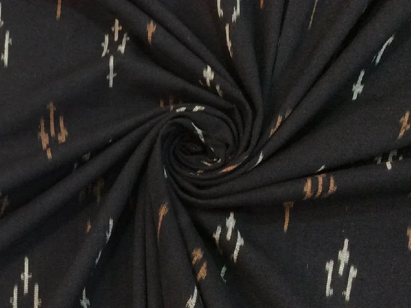 Black White Brown Abstract Handloom Thick Cotton Ikat Fabric