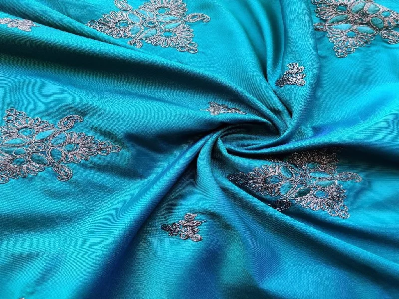 Blue Gray Dori And Thread Embroidered Taffeta Silk Fabric