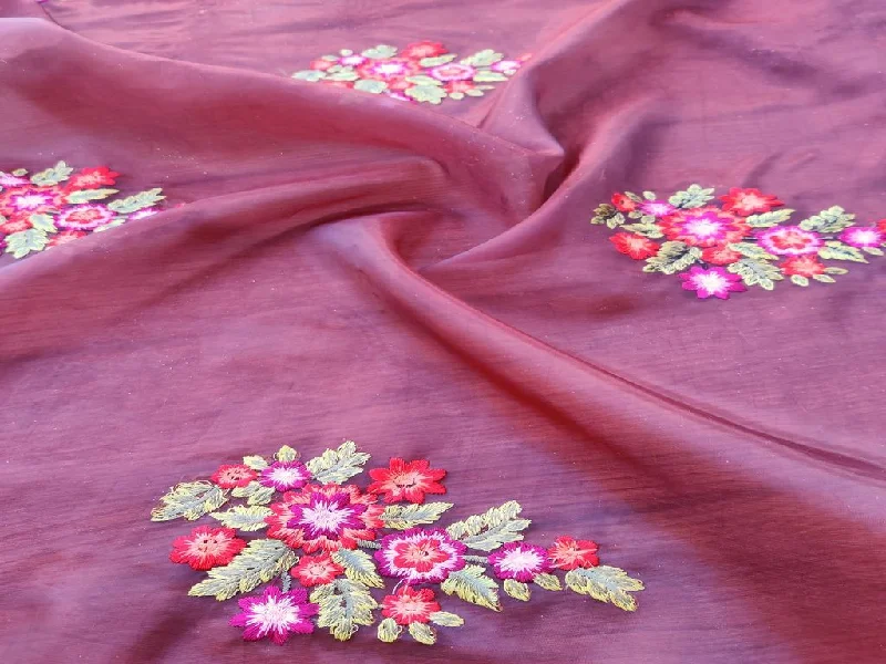 Brown Multicolour Flowers Embroidered Organza Fabric