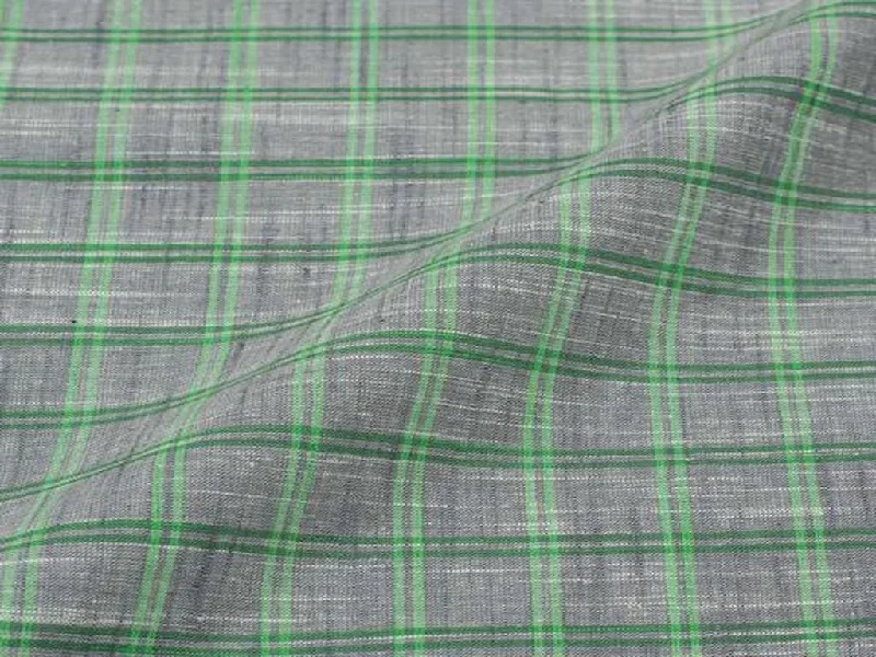 Smoke Gray Green Checks Handloom Cotton Slub Fabric