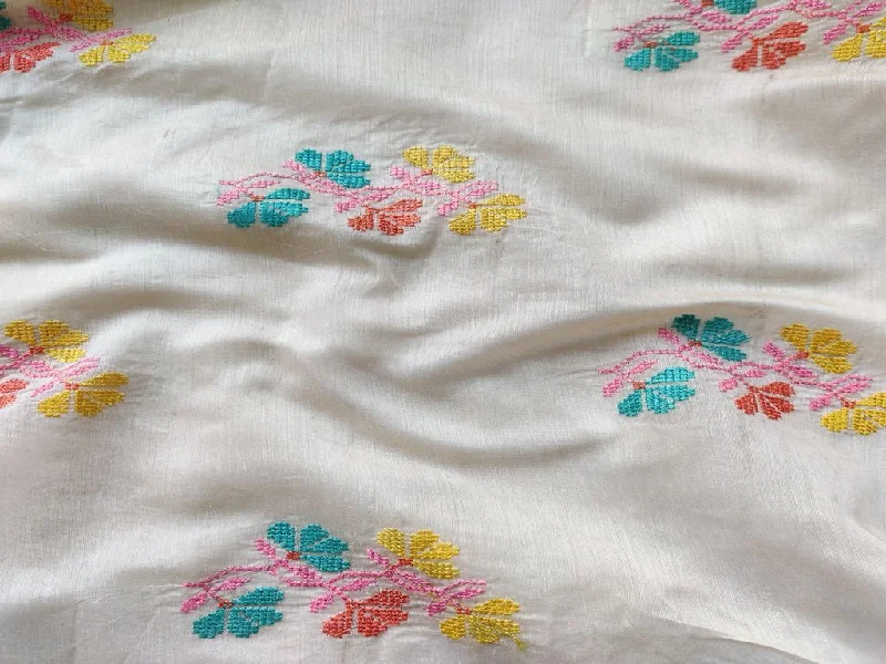 Cream Multicolour Flowers Cross Stitch Embroidered Chanderi Fabric