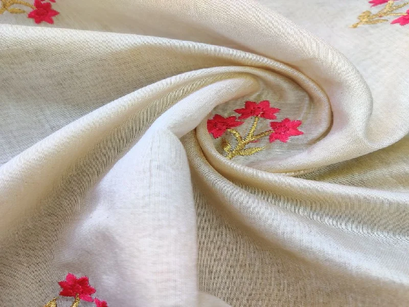 Cream Pink Flowers Embroidered Chanderi Fabric