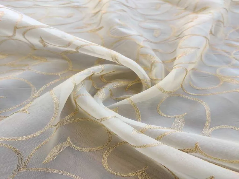 Cream Golden Zari Work Organza Fabric