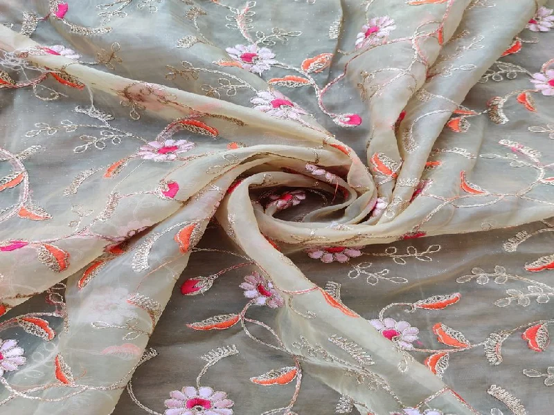 Cream Pink Orange Flowers Embroidered Organza Fabric