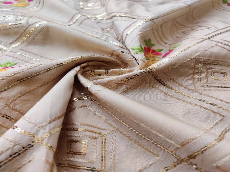 Cream Geometric Embroidered Taffeta Silk Fabric