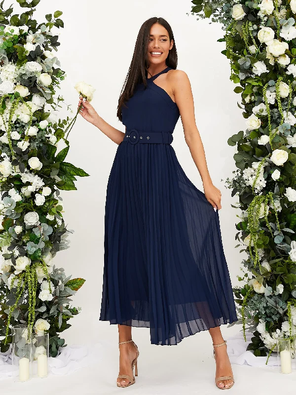 Cross Neck Pleated Midaxi Chiffon Dress / Navy