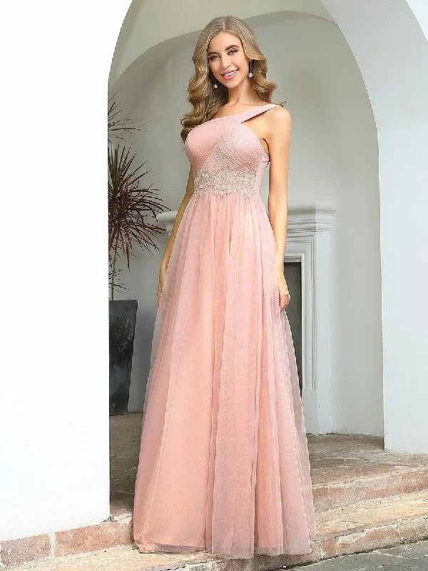 Cute One Shoulder Ruched Bridesmaid Dress with Appliques