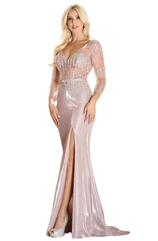 Dancing Queen - 4009 Embellished Plunging V-neck Trumpet Dress