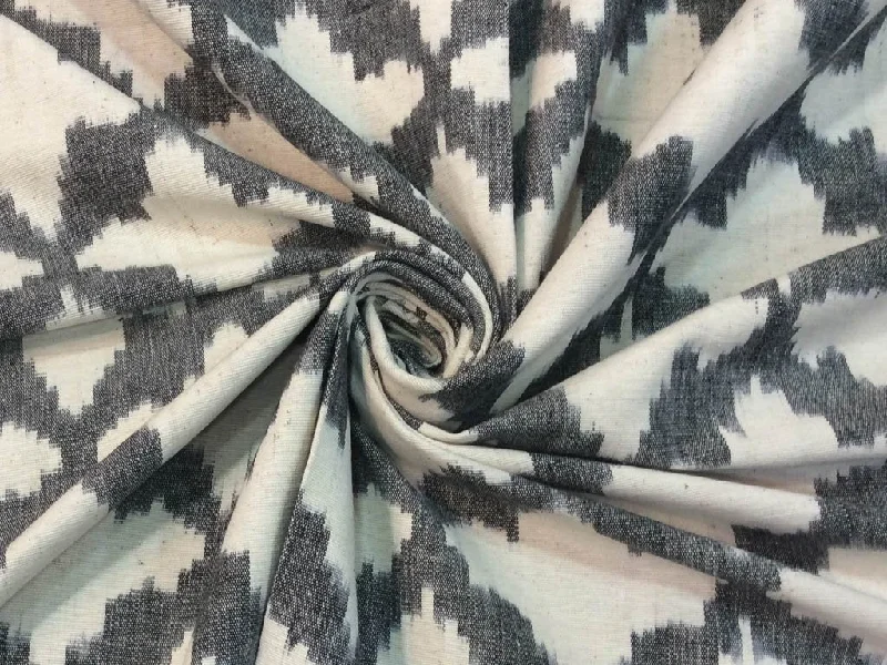 Dark Gray White Abstract Handloom Thick Cotton Ikat Fabric