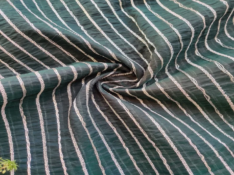 Dark Green Silver Dori Tucks Embroidered Chanderi Fabric