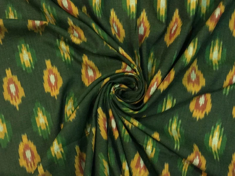 Dark Green Yellow Abstract Handloom Cotton Ikat Fabric