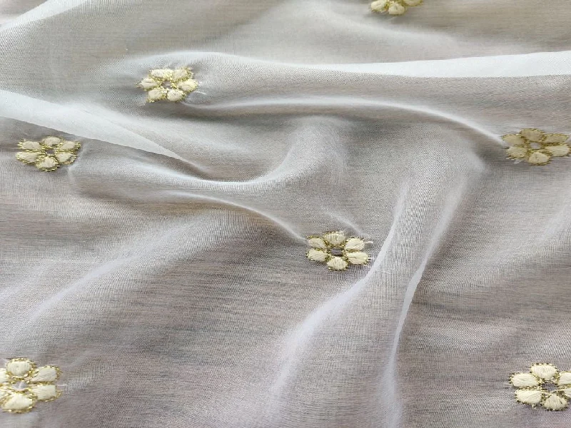 White Flowers Dyeable Embroidered Organza Fabric