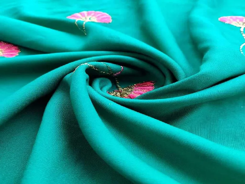 Green Pink Flowers Embroidered Rayon Fabric