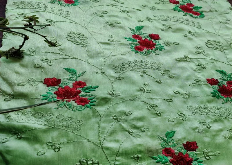 Green Red Flowers Thread Embroidered Zorba Silk Fabric