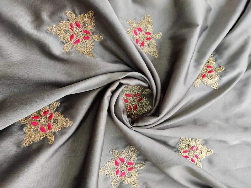 Grey Pink Golden Flowers Thread Embroidered Taffeta Silk Fabric