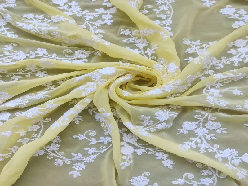 Lemon Yellow White Flowers Chikankari Embroidered Georgette Fabric