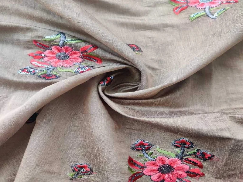 Light Brown Flowers Embroidered Chanderi Fabric