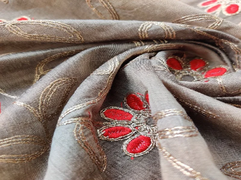 Beige red Flowers Embroidered Chanderi Fabric